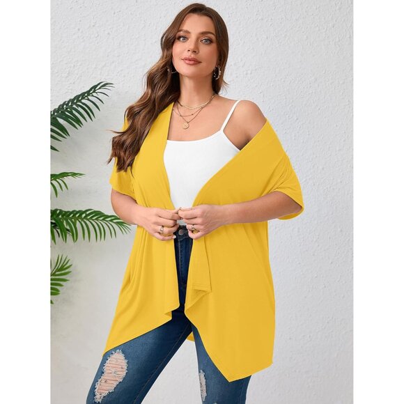 Women's Plus Size Lightweight Open Front Cardigan Short Sleeve Cover Ups - Picture 3 of 6